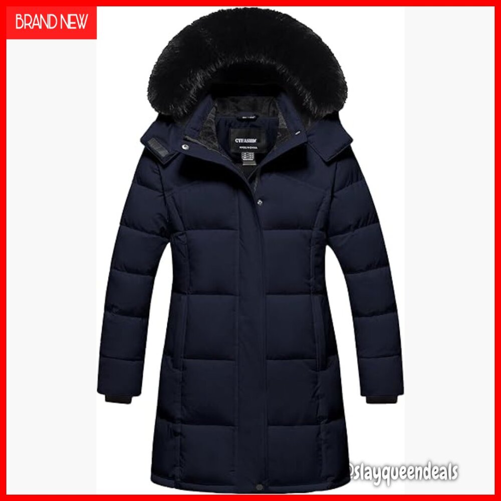 Girls Waterproof Puffer Jacket with Detachable Fur Hood Fleece Lined Ski Parka